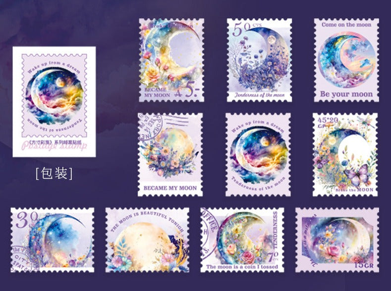 30 Pcs Stamp Style PET Plastic Stickers Shell Laser // 10 Different Pattern * 3 Pcs // Coffee, Rose, Cat, Whale, Butterfly, Moon Pattern