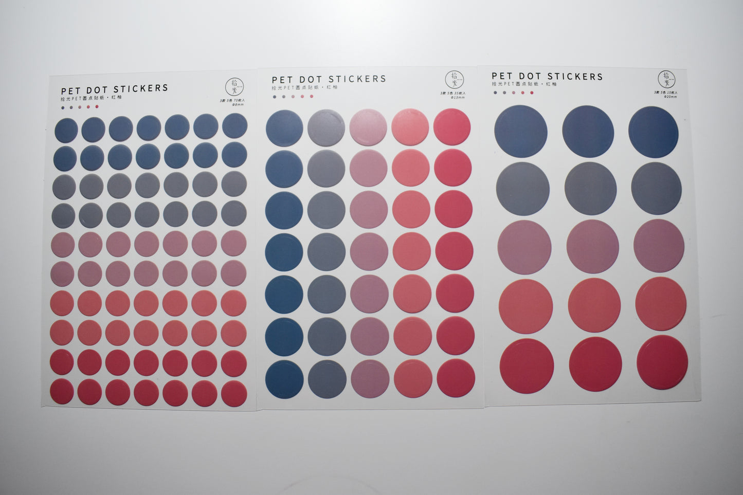 3 PET Round Sticker Sheets Pack // Kiss-cut Style Multiple Colours Bullet Journal Planner Dot Seal Sticker Diameter 0.8cm, 1.3cm, 2.0cm