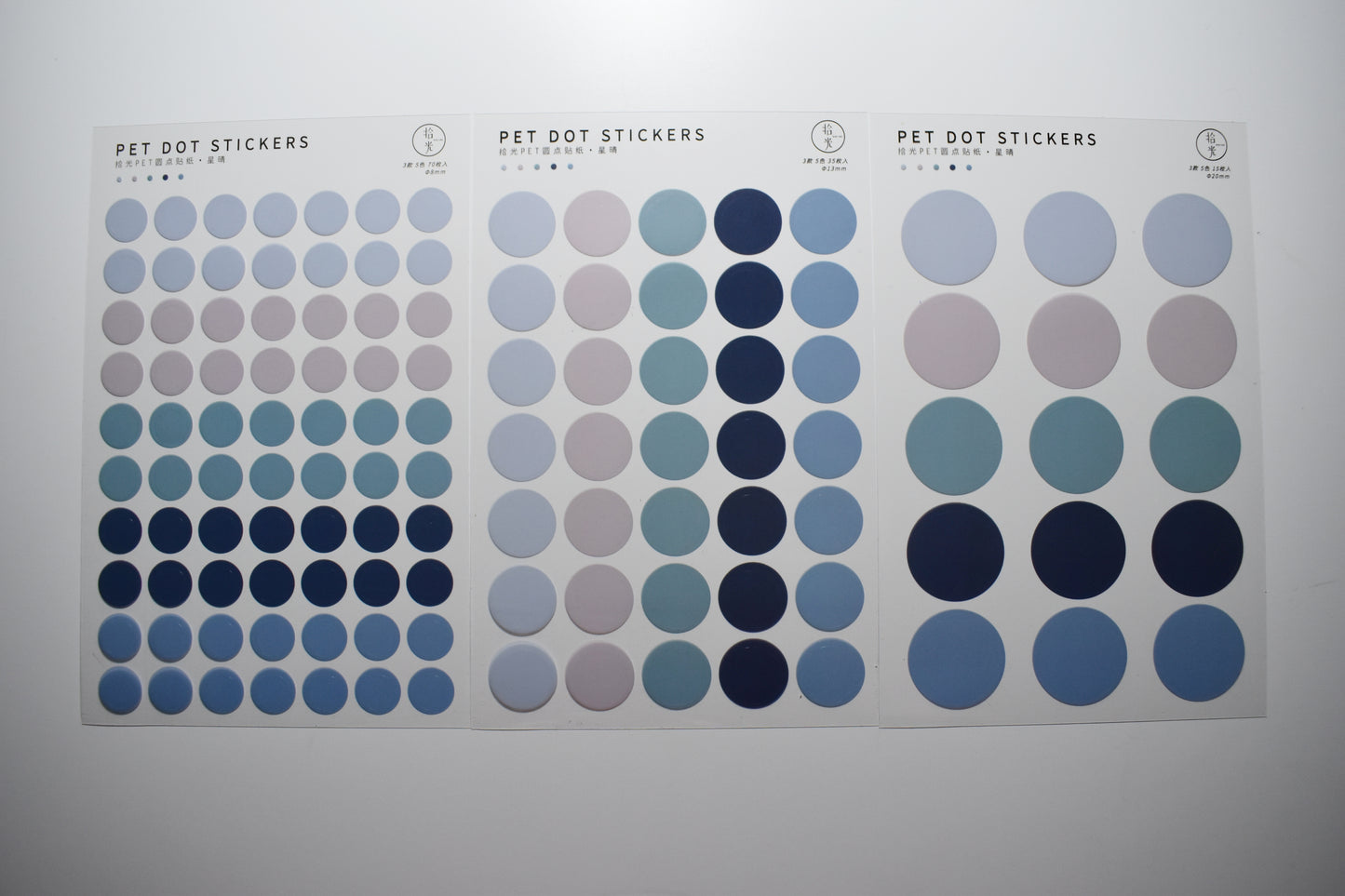 3 PET Round Sticker Sheets Pack // Kiss-cut Style Multiple Colours Bullet Journal Planner Dot Seal Sticker Diameter 0.8cm, 1.3cm, 2.0cm