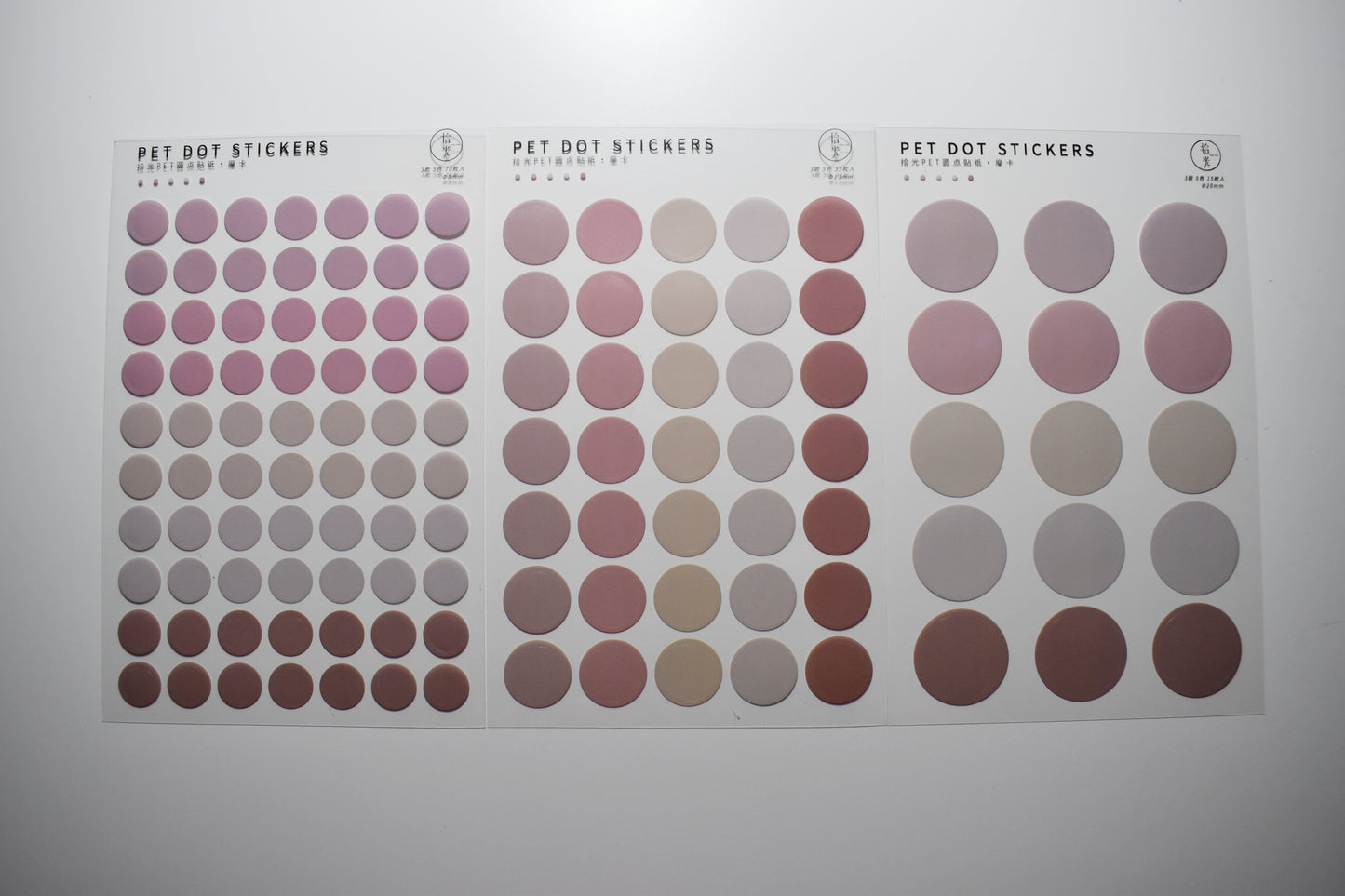 3 PET Round Sticker Sheets Pack // Kiss-cut Style Multiple Colours Bullet Journal Planner Dot Seal Sticker Diameter 0.8cm, 1.3cm, 2.0cm