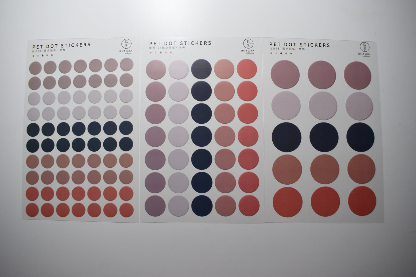 3 PET Round Sticker Sheets Pack // Kiss-cut Style Multiple Colours Bullet Journal Planner Dot Seal Sticker Diameter 0.8cm, 1.3cm, 2.0cm