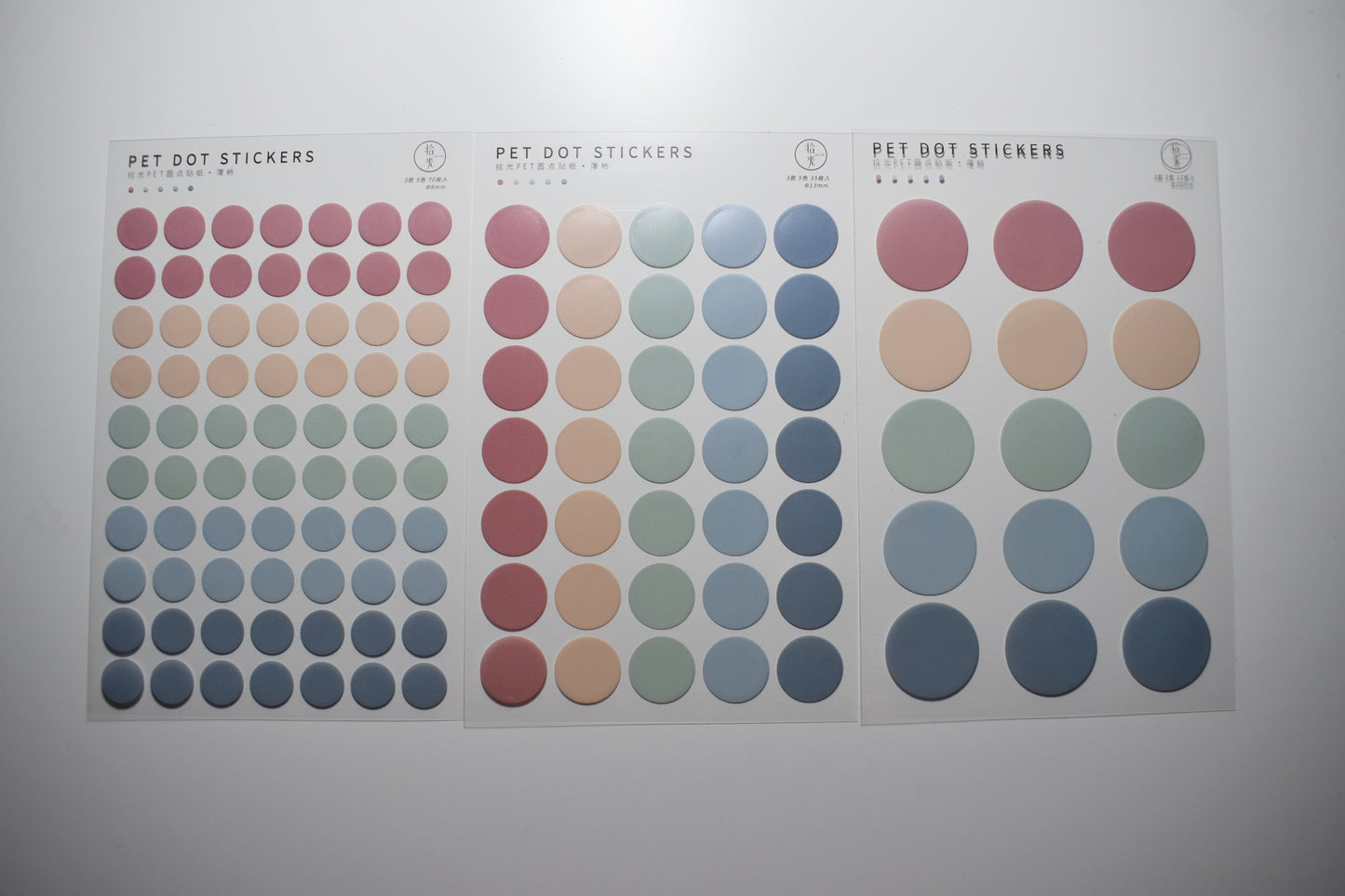 3 PET Round Sticker Sheets Pack // Kiss-cut Style Multiple Colours Bullet Journal Planner Dot Seal Sticker Diameter 0.8cm, 1.3cm, 2.0cm