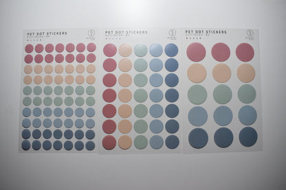 3 PET Round Sticker Sheets Pack // Kiss-cut Style Multiple Colours Bullet Journal Planner Dot Seal Sticker Diameter 0.8cm, 1.3cm, 2.0cm