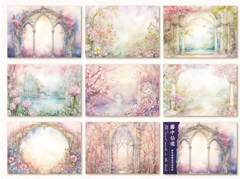 40 Sheets Lightweight Paper Pack Size 17.8cm*12.5cm // 8 Different Patterns * 5 Sheets // Bookshelf, Forest, Mushroom, Bottle, Maple Tree