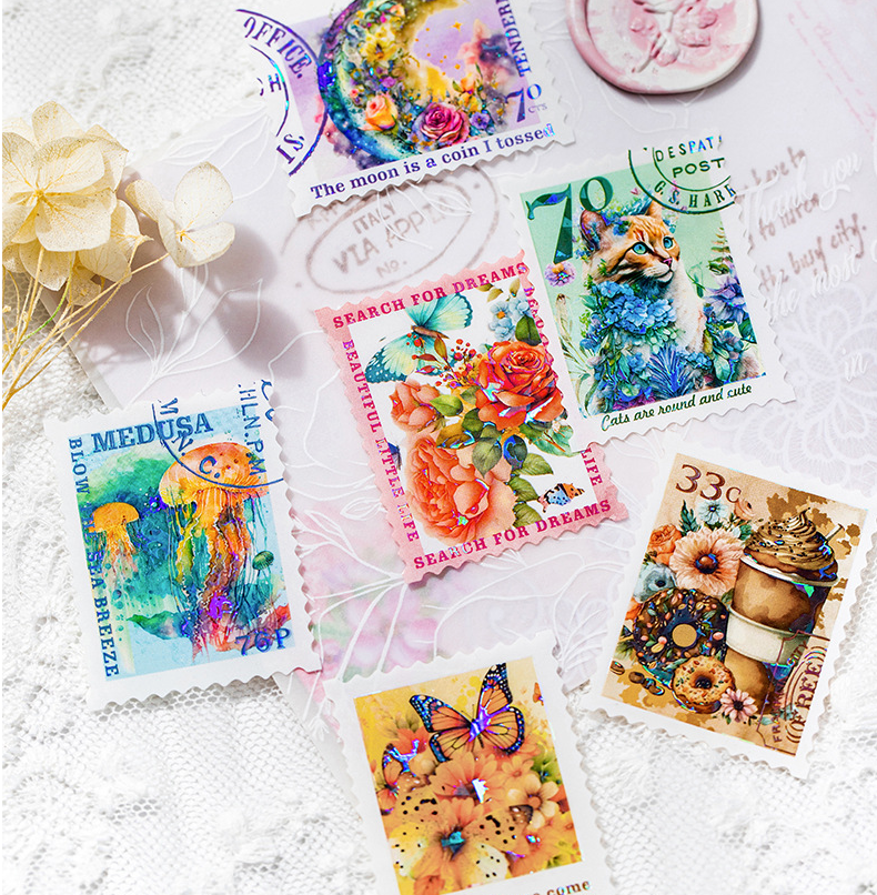 30 Pcs Stamp Style PET Plastic Stickers Shell Laser // 10 Different Pattern * 3 Pcs // Coffee, Rose, Cat, Whale, Butterfly, Moon Pattern