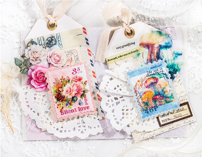 30 Pcs Stamp Style PET Plastic Stickers Shell Laser // 10 Different Pattern * 3 Pcs // Coffee, Rose, Cat, Whale, Butterfly, Moon Pattern