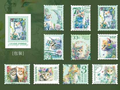 30 Pcs Stamp Style PET Plastic Stickers Shell Laser // 10 Different Pattern * 3 Pcs // Coffee, Rose, Cat, Whale, Butterfly, Moon Pattern