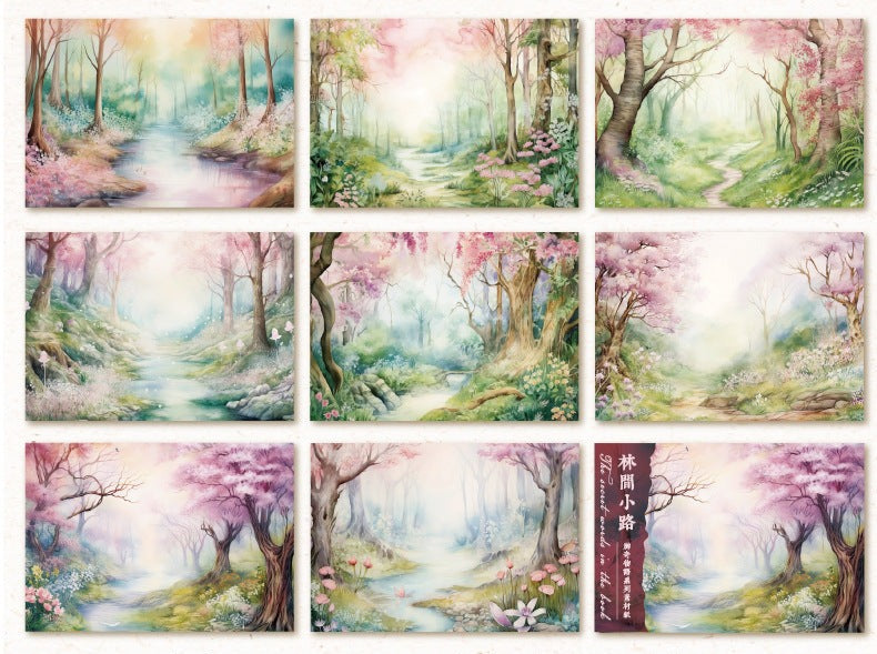 40 Sheets Lightweight Paper Pack Size 17.8cm*12.5cm // 8 Different Patterns * 5 Sheets // Bookshelf, Forest, Mushroom, Bottle, Maple Tree