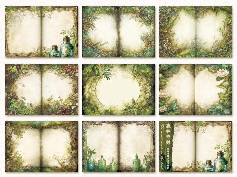 40 Sheets Lightweight Paper Pack Size 17.8cm*12.5cm // 8 Different Patterns * 5 Sheets // Bookshelf, Forest, Mushroom, Bottle, Maple Tree