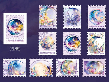 30 Pcs Stamp Style PET Plastic Stickers Shell Laser // 10 Different Pattern * 3 Pcs // Coffee, Rose, Cat, Whale, Butterfly, Moon Pattern