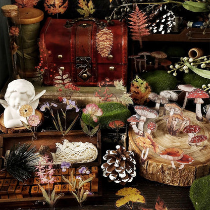 40 Pcs Nature PET Plastic Stickers Pack // 20 Different Pattern * 2 Pcs // Flowers, Mushroom, Rosehip, Pine Cone, Maple Pattern Stickers