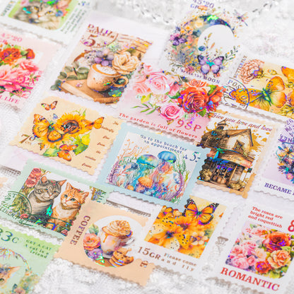 30 Pcs Stamp Style PET Plastic Stickers Shell Laser // 10 Different Pattern * 3 Pcs // Coffee, Rose, Cat, Whale, Butterfly, Moon Pattern