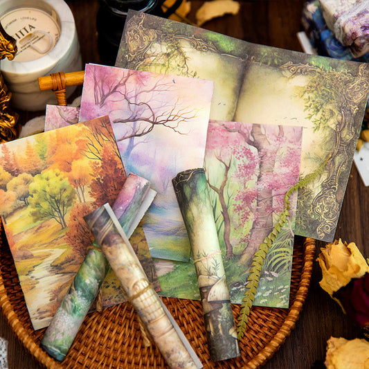 40 Sheets Lightweight Paper Pack Size 17.8cm*12.5cm // 8 Different Patterns * 5 Sheets // Bookshelf, Forest, Mushroom, Bottle, Maple Tree