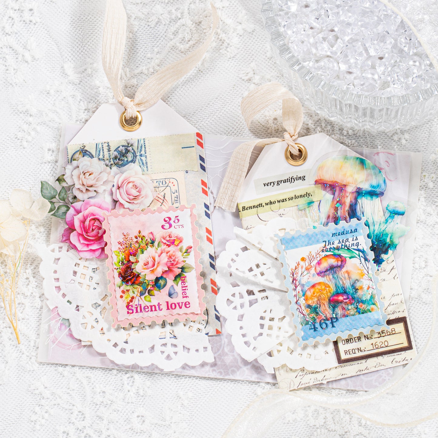 30 Pcs Stamp Style PET Plastic Stickers Shell Laser // 10 Different Pattern * 3 Pcs // Coffee, Rose, Cat, Whale, Butterfly, Moon Pattern