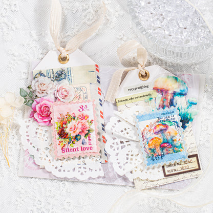 30 Pcs Stamp Style PET Plastic Stickers Shell Laser // 10 Different Pattern * 3 Pcs // Coffee, Rose, Cat, Whale, Butterfly, Moon Pattern