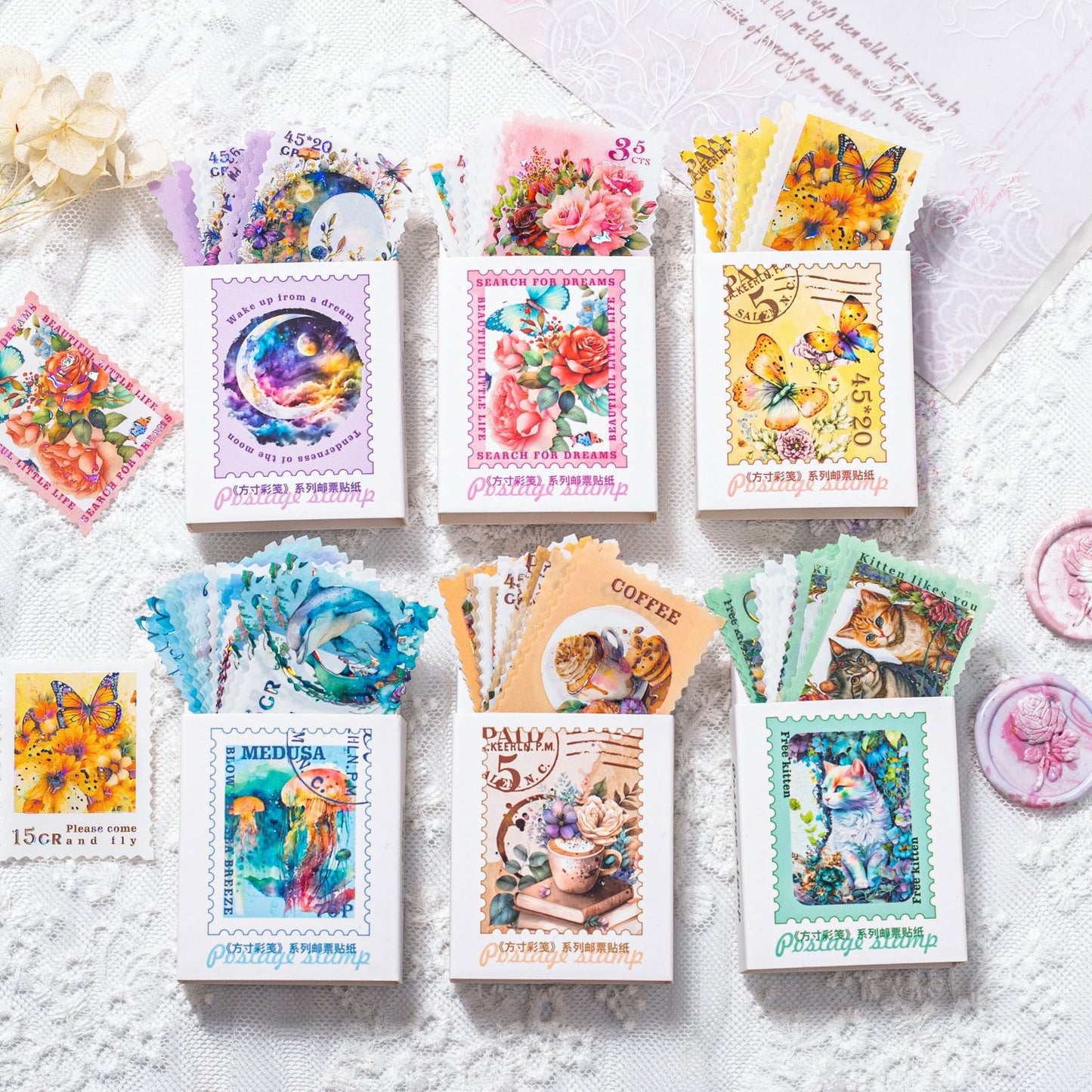 30 Pcs Stamp Style PET Plastic Stickers Shell Laser // 10 Different Pattern * 3 Pcs // Coffee, Rose, Cat, Whale, Butterfly, Moon Pattern