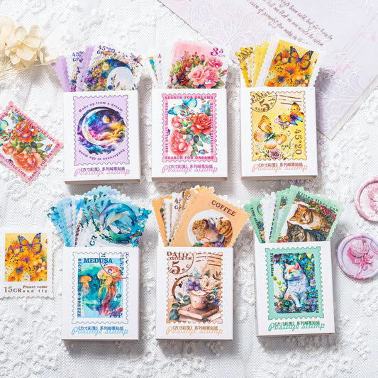 30 Pcs Stamp Style PET Plastic Stickers Shell Laser // 10 Different Pattern * 3 Pcs // Coffee, Rose, Cat, Whale, Butterfly, Moon Pattern