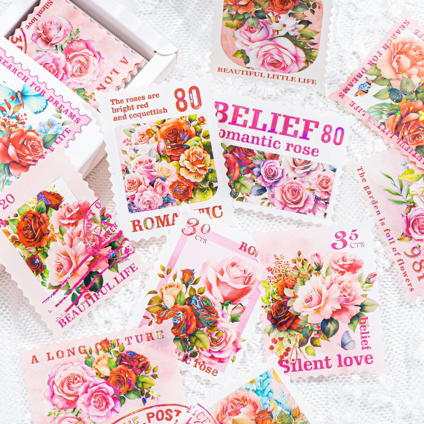 30 Pcs Stamp Style PET Plastic Stickers Shell Laser // 10 Different Pattern * 3 Pcs // Coffee, Rose, Cat, Whale, Butterfly, Moon Pattern